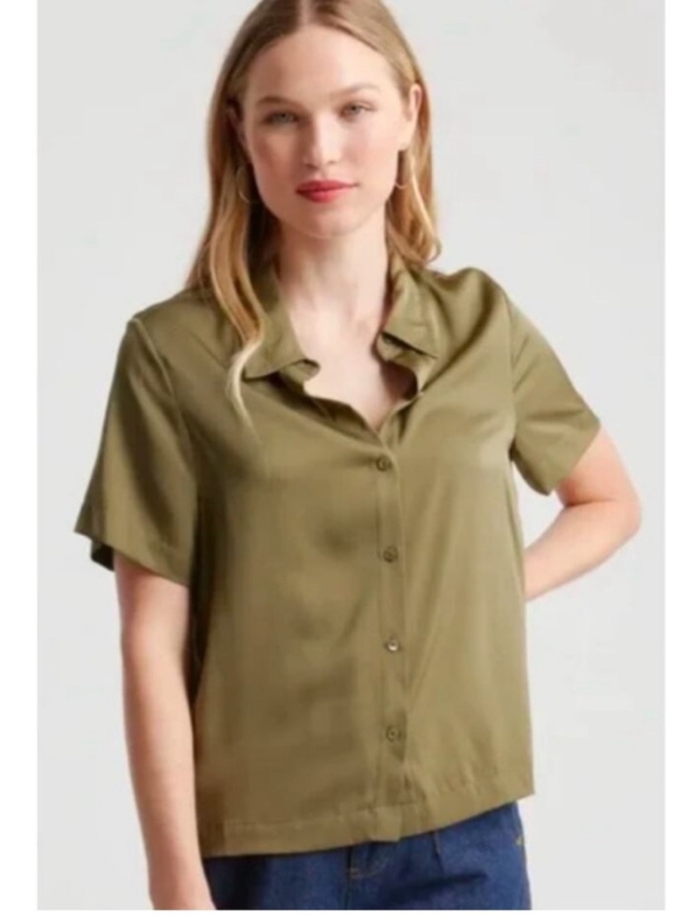 Quince Washable Stretch Silk Short Sleeve Blouse Olive Green Size Small
